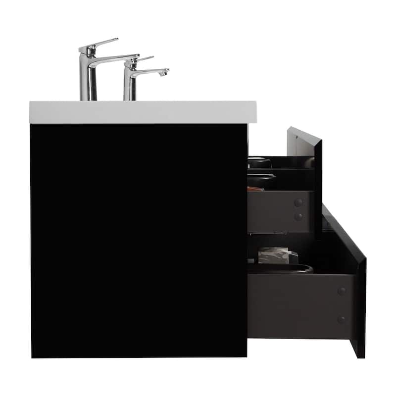 MDF Wall-Mounted Bathroom Vanity Set in Black with Integrated Culture Marble Sink