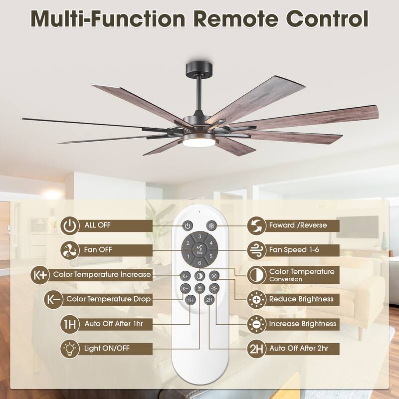 72" Matte Black Large Windmill Farmhouse Integrated LED Ceiling Fan with Light and Remote - 72"Wx12.8"H