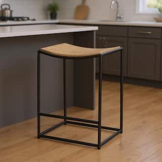 HomeRoots 26" Natural and Black Solid Wood and Iron Backless Counter Height Bar Chair