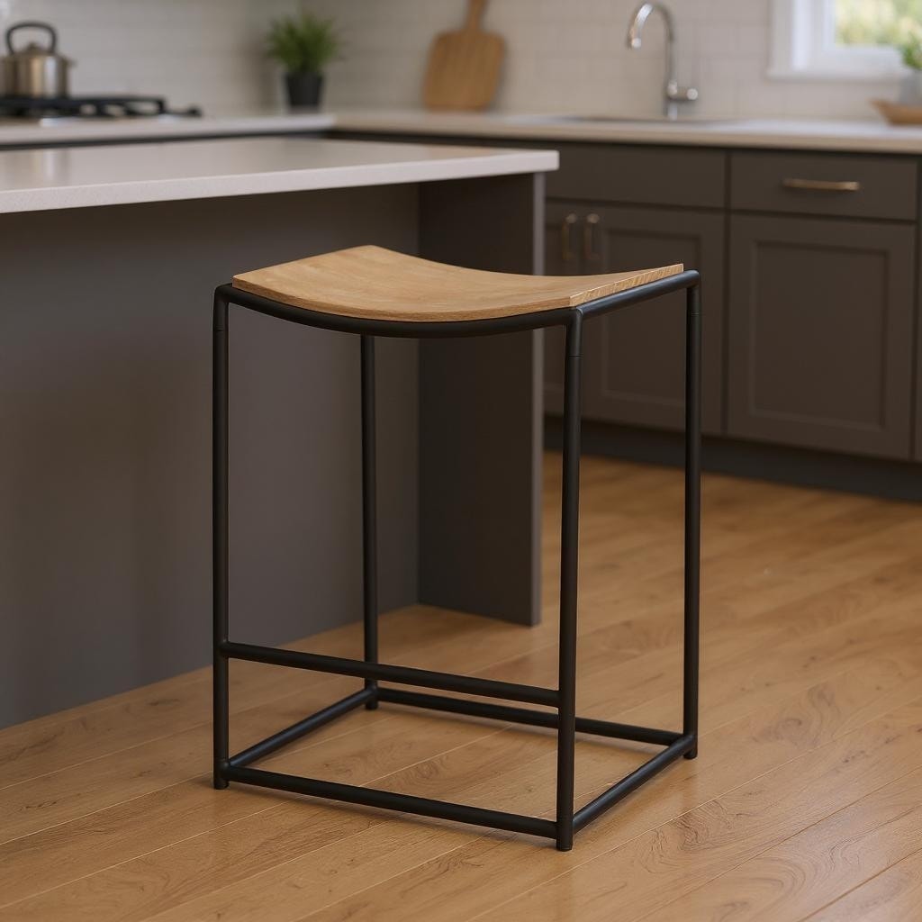 HomeRoots 26" Natural And Black Solid Wood And Iron Backless Counter Height Bar Chair