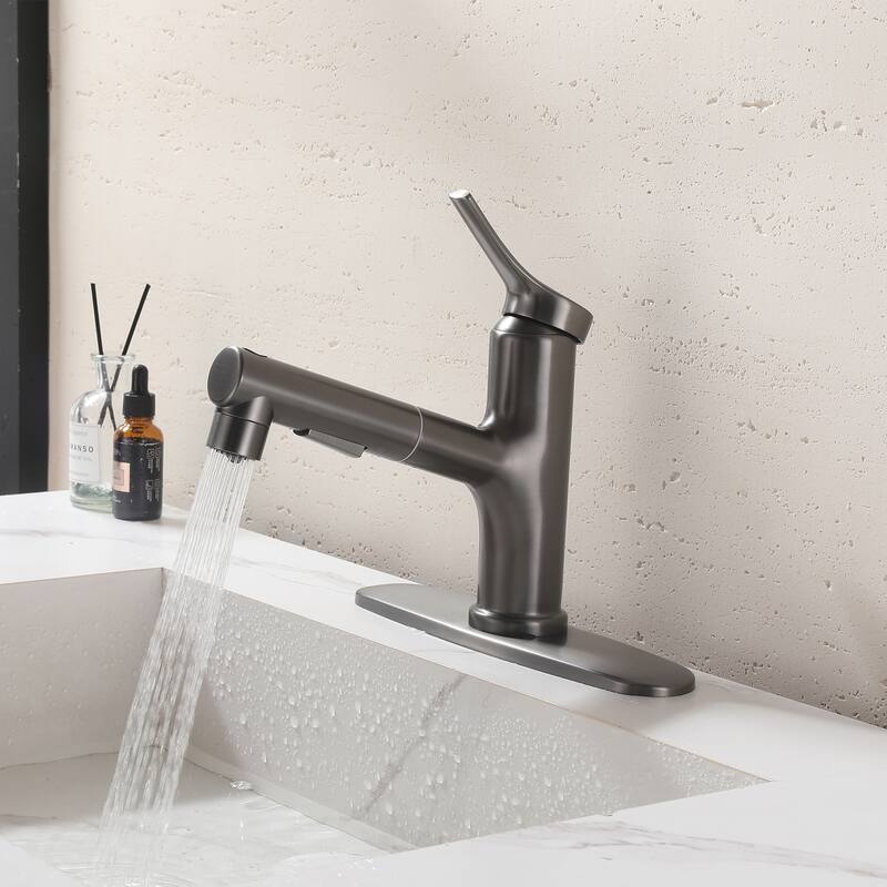 7.8" H Single-Handle Bathroom Sink Faucets with Pull Out Sprayer, Single Hole Vessel Faucet With Deck Plate