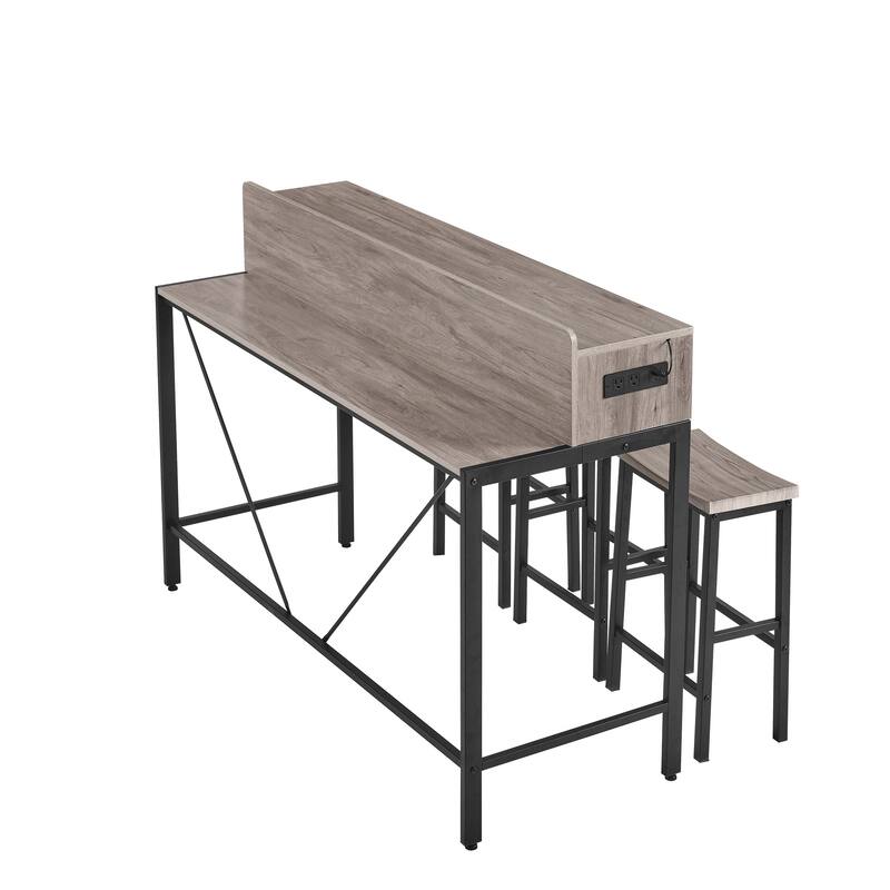 Counter Height Bar Table Set with Power Socket & LED Light, Farmhouse 4-Piece Dining Table Set with 3 Saddle Stools