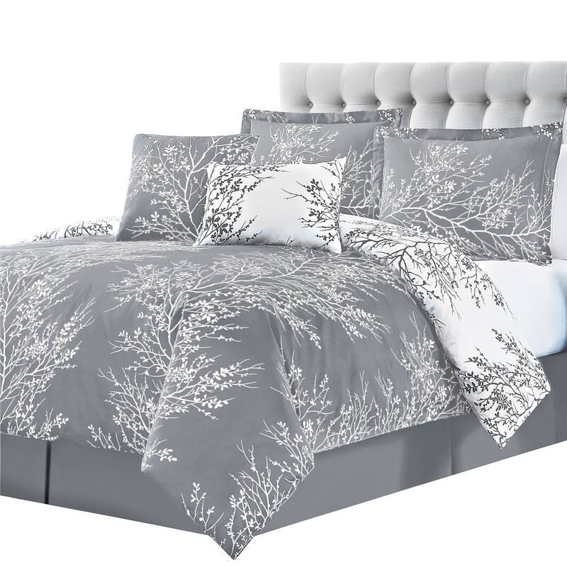 Elegant 6-Piece Reversible Foliage Comforter Set - Grey. - King