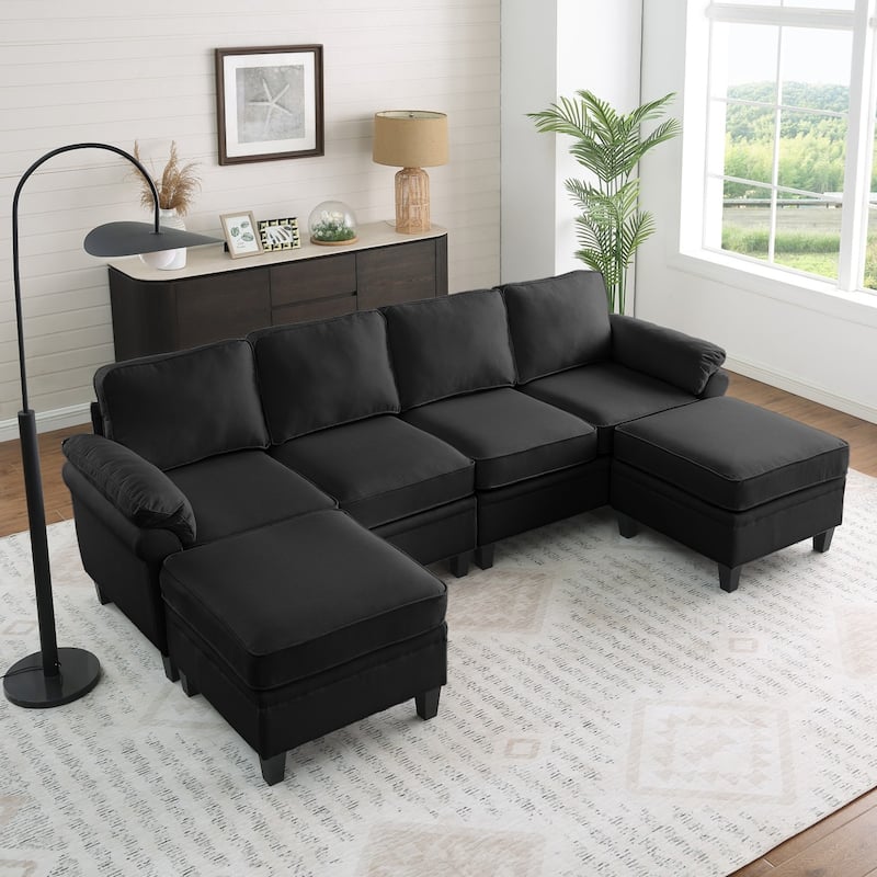 102" U-Shaped Linen Fabric Sectional Sofa with Ottomans