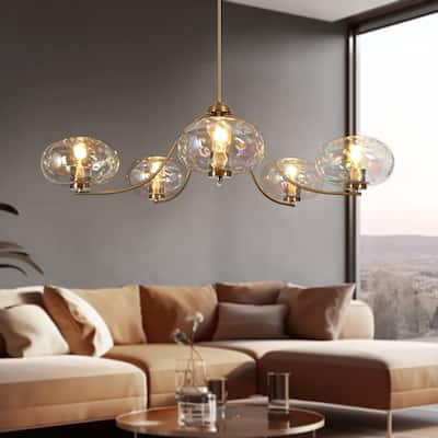 Modern Glam Gold 5-Light Wheel Chandelier Globe Colored Glass Lighting for Dining Living Room - W41.5" x H12"