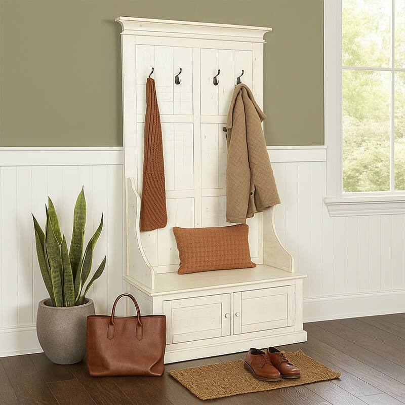 Mary Accent Hall Tree Coat Rack with Bench, 4 Hooks, Farmhouse White