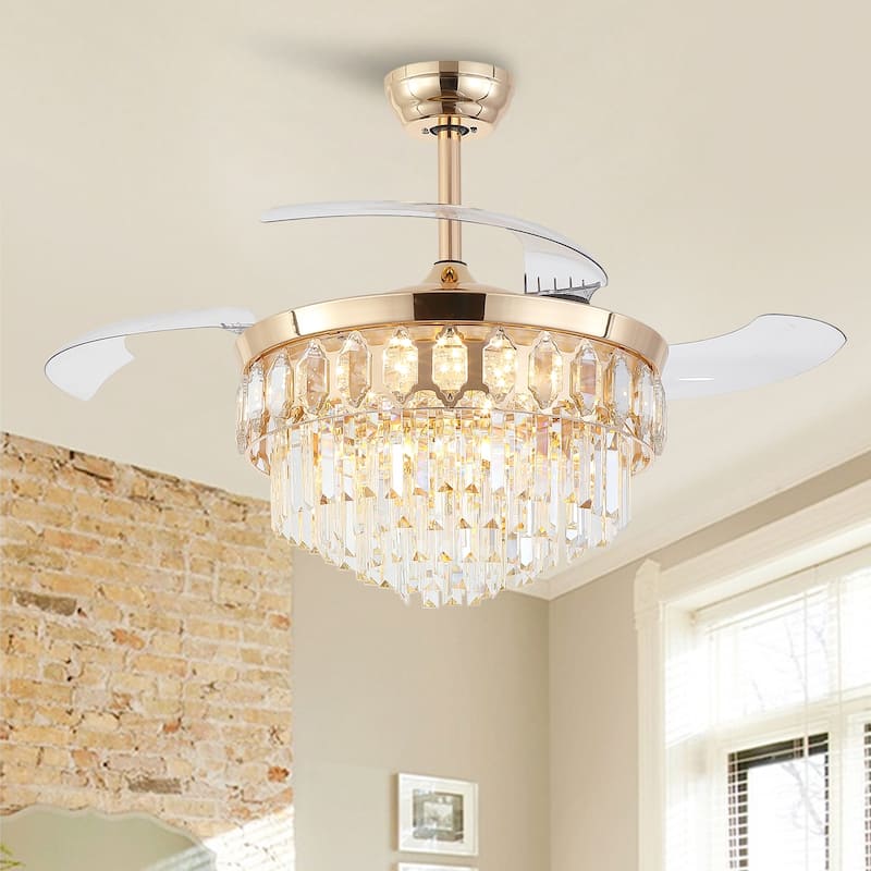 48" Crystal Fandelier Ceiling Fan with Light and Retractable Blades LED Dimmable for Bedroom Living Room - 48 Inches - Gold-3