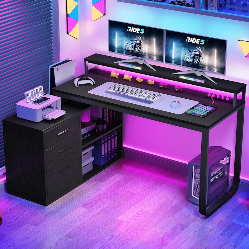 55 Inch L-shaped Gaming Desk with Power Outlets and LED Lights Computer Corner Desk with File Cabinet Monitor Stand