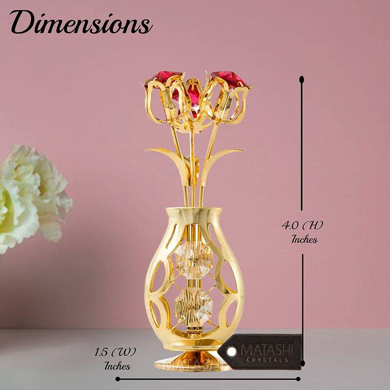Matashi 24k Gold Plated Flowers Bouquet and Vase w/ Red & Clear Matashi Crystals | 24k Gold-Plated Table Top Decorations