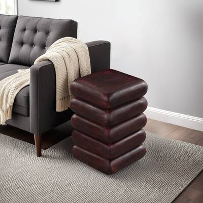 Zyra 18" Side End Table | Sculptural Stacked Design | Dark Cherry Brown Acacia Wood