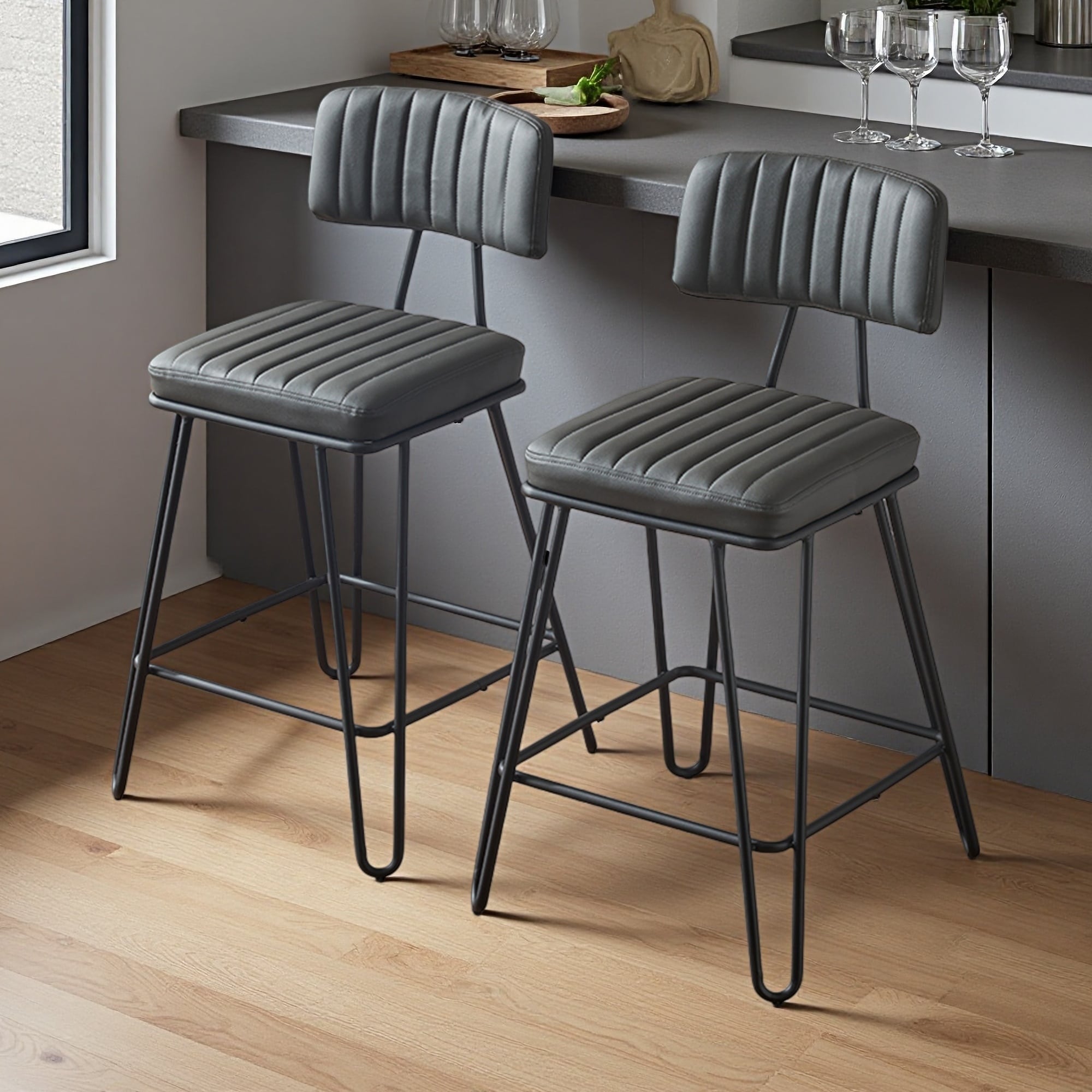 35.8"H Set of 2 Industrial Bar Stools Counter Height Chairs with PU Leather Upholstery & Metal Frame, with Backrest & Footrest