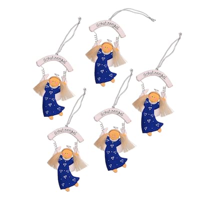 NOVICA Handmade Schutzengel In Blue Wood Ornaments (Set Of 5)