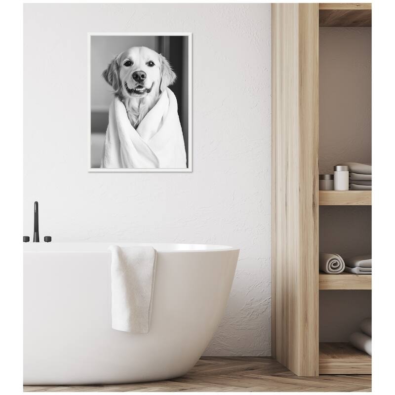 Kate and Laurel Sylvie Golden Retriever Bathroom Towel Robe Black and White Framed Canvas by The Creative Bunch Studio
