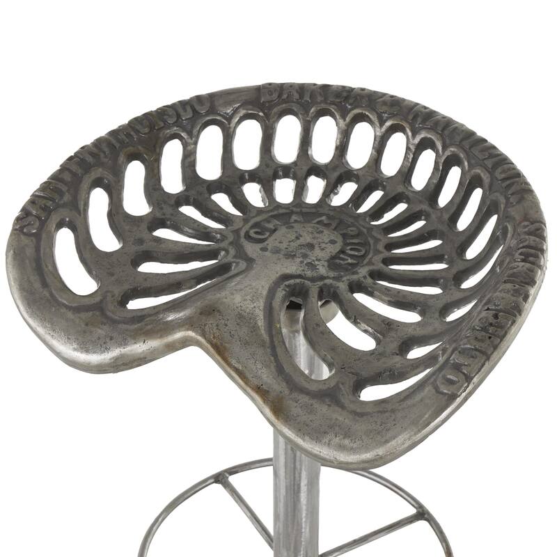 Silver Metal Weathered Antique Cast Iron Scroll Bar Stool with Cutout Textured Seat and Footrest - 17"W x 17"L x 31"H