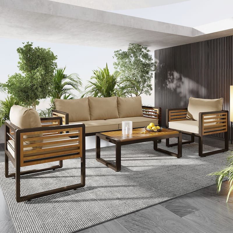 5-Person Outdoor Conversation Set with Removable Cushions and Stylish Metal Frame and Acacia Wood - Brown