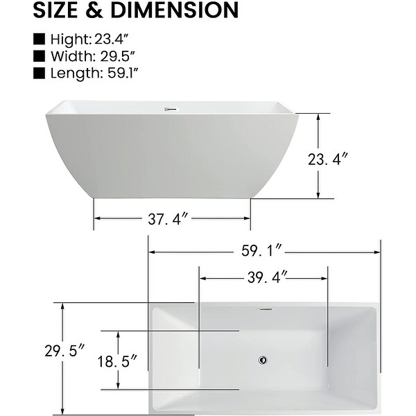 Vanity Art 59" Freestanding Acrylic Bathtub Modern Stand Alone Soaking Tub with Chrome Finish Slotted Overflow & Pop-up Drain