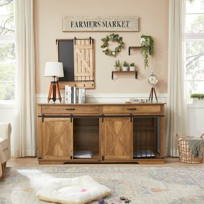 Wood Barn Door Large Dog Crate Furniture With 2 Drawers and Divider