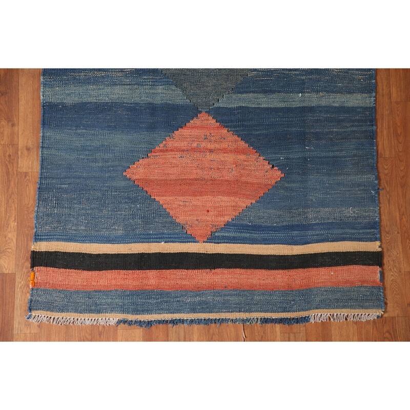 Blue Geometric Kilim Qashqai Persian Area Rug Flatweave Wool Carpet - 3'10" x 8'2"
