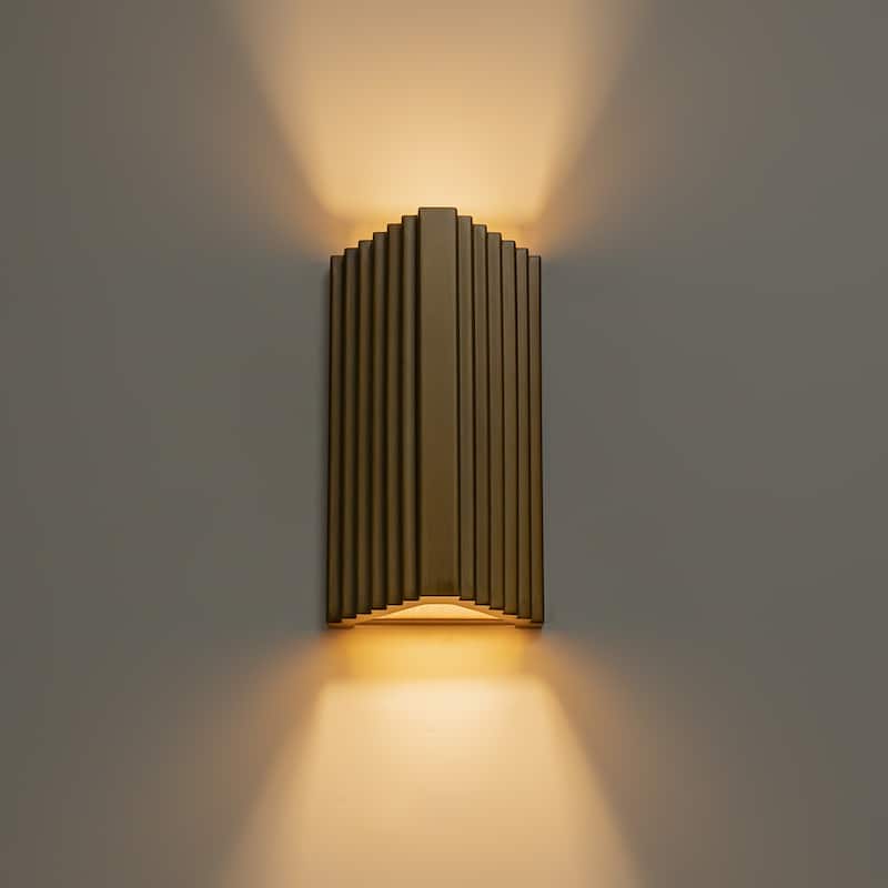 2-Light Industrial Antique Gold Outdoor Integrated LED Wall Sconce - H11" x W6.3" x D5"