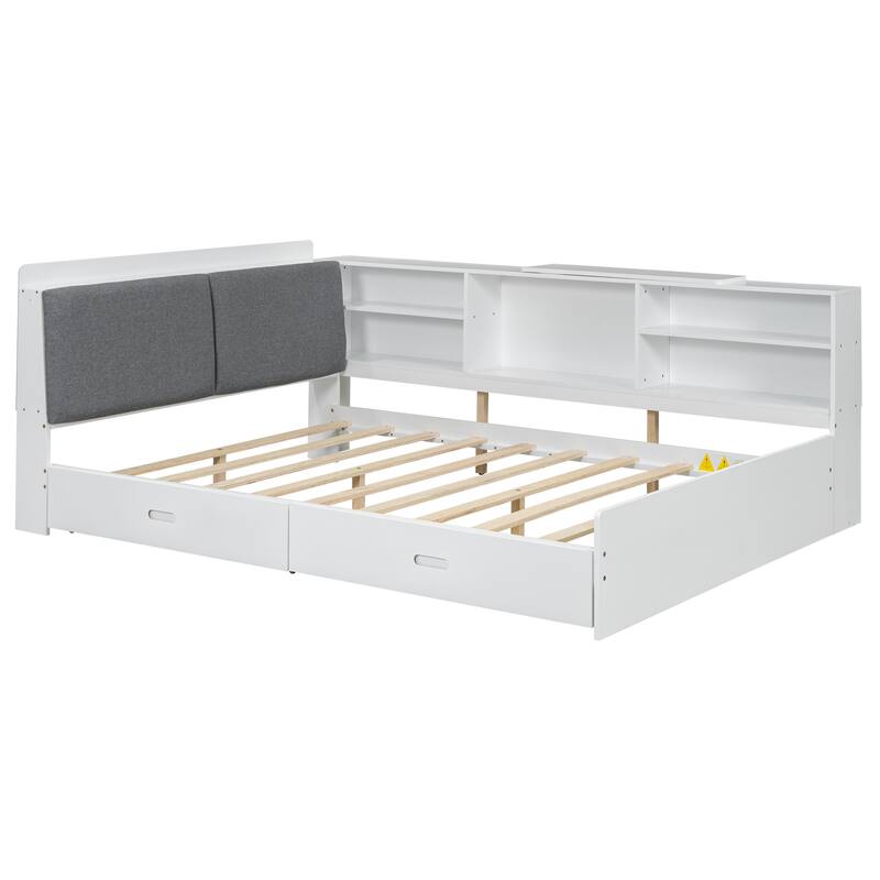Space-Saving Daybed with 2 Storage Drawers and Bookcase, Wooden L Shaped Platform Bed Frame with Shelves, No Box Spring Needed