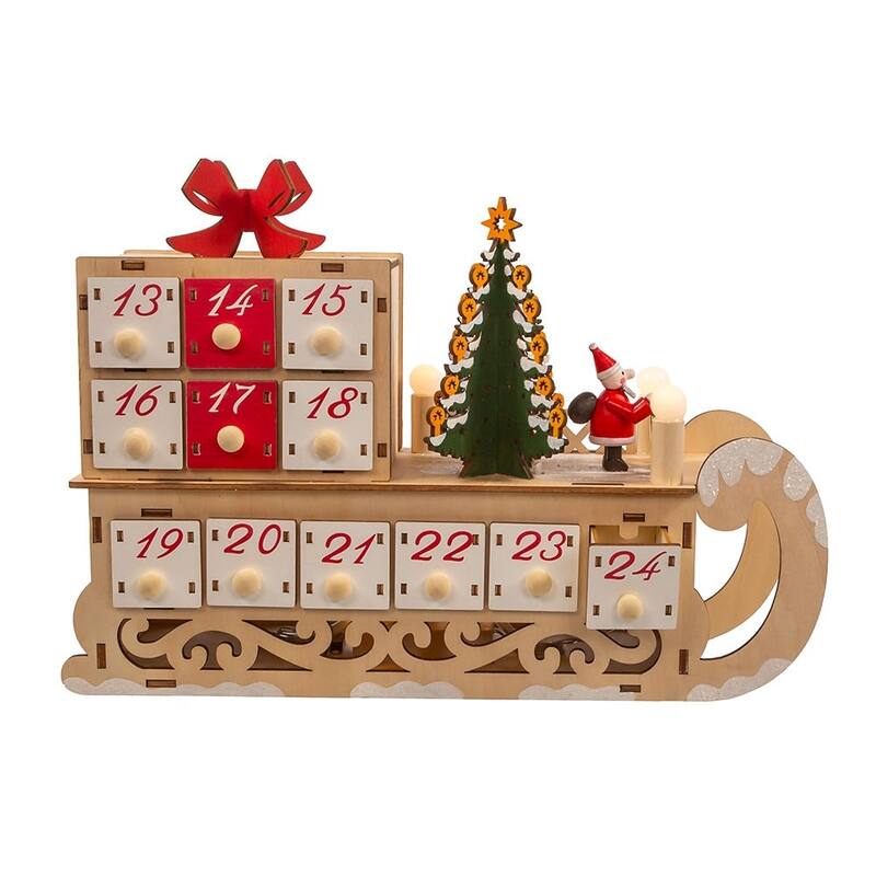 Kurt Adler 8.30-Inch Battery Operated 6-light LED Santa Sleigh With Advent Calendar - Tan