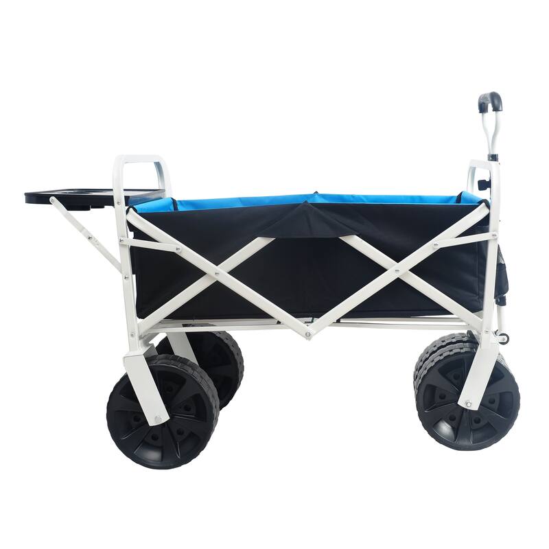 Portable Beach Wagon with 150 lbs Capacity, Foldable Design, Large Plastic Wheels, and Side Table for Gardening