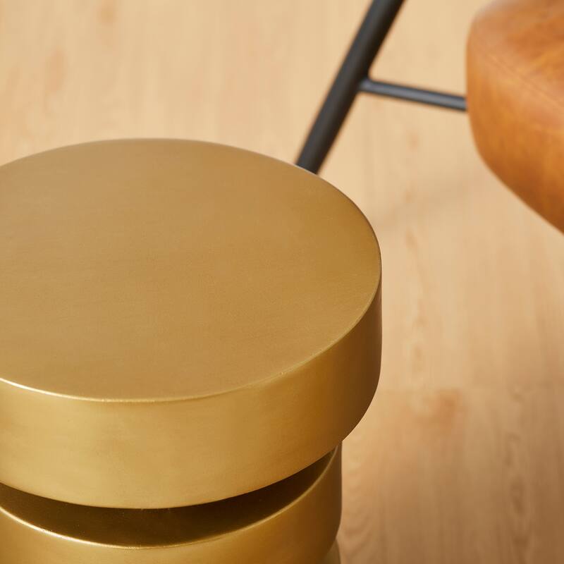 Glitzhome 18"H Modern Antique Gold/White MGO Floating Disks Side Table or Accent Stool - 12"L x 12"W x18"H