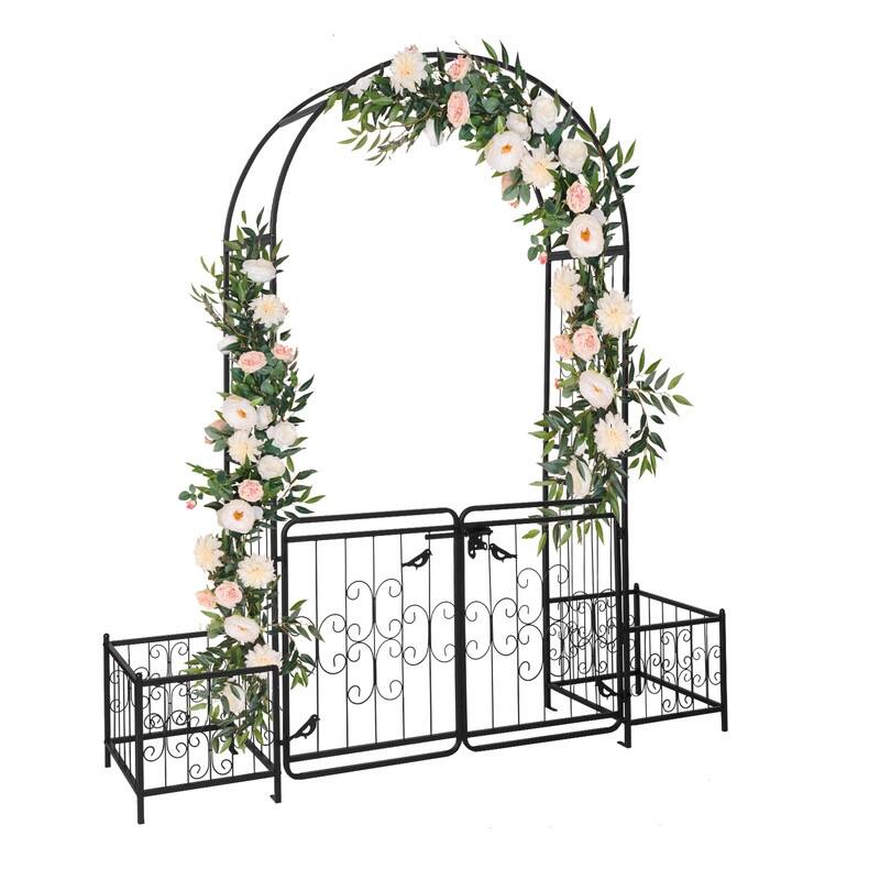 Black Iron Arbor with Gates and Planters - Black