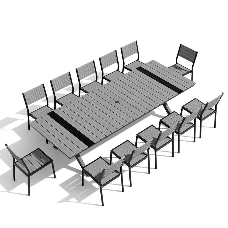 11/13-Piece Outdoor Aluminum Dining Table Set Rectangular Table with Umbrella Hole and Stackable Chairs - Set of 13 - Grey