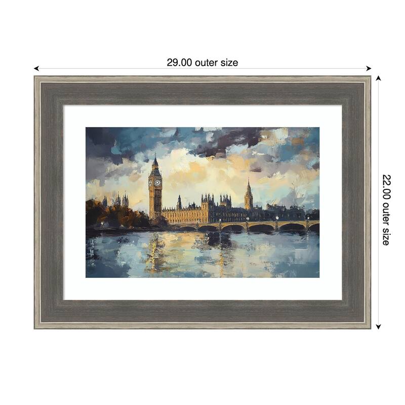 Cityscape and Bridge by Tradelink inhouse artist Wood Framed Wall Art Print - Cottage Grey Silver - 29 x 22 in