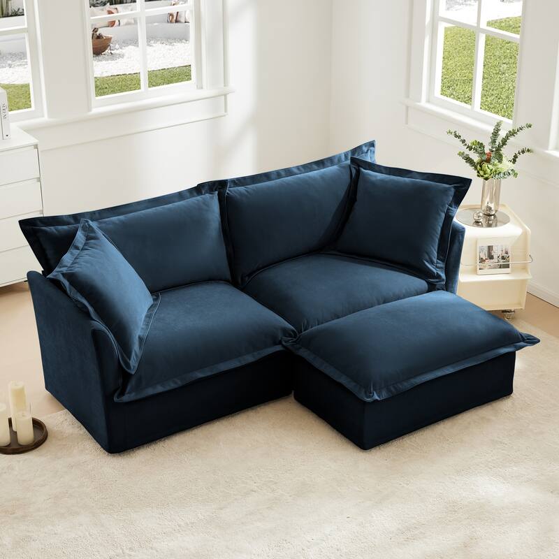 Slipcovered Chenille 2-Seater Sofa Couch with Convertible Ottoman & Soft Big Pillows - Blue