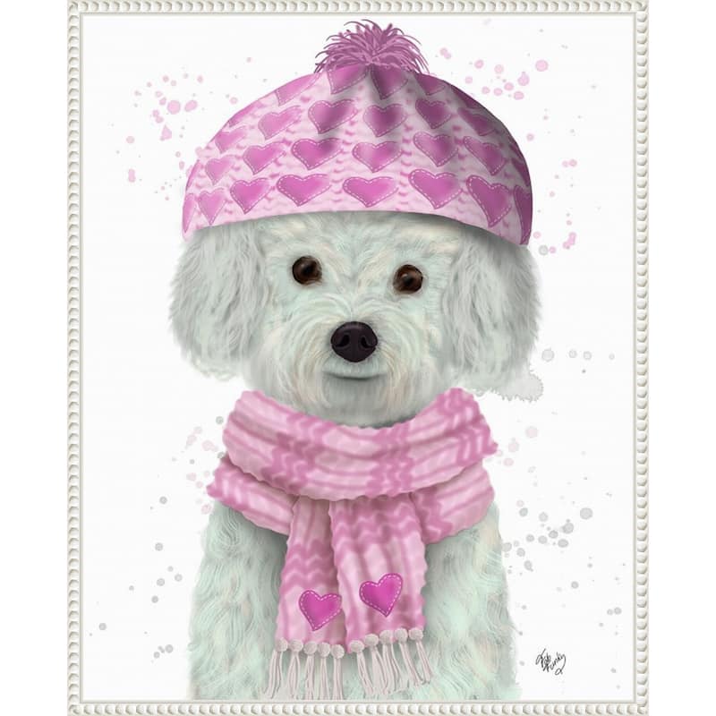 Bichon Frise in Pink Bobble Hat by Fab Funky (23 x 28 in.), Framed Canvas Wall Art Print - Sylvie Beaded White