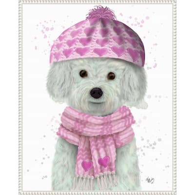 Bichon Frise in Pink Bobble Hat by Fab Funky (23 x 28 in.), Framed Canvas Wall Art Print - Sylvie Beaded White