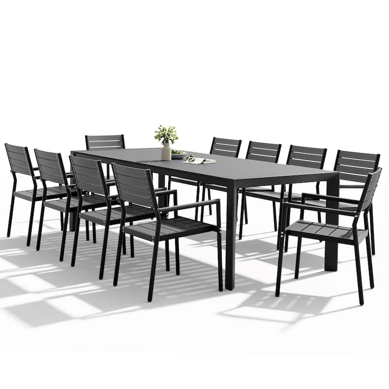 Set of 11 Outdoor Patio Dining Set WoodLike Table Top Aluminum Umbrella Hole Table with Stackable Chairs