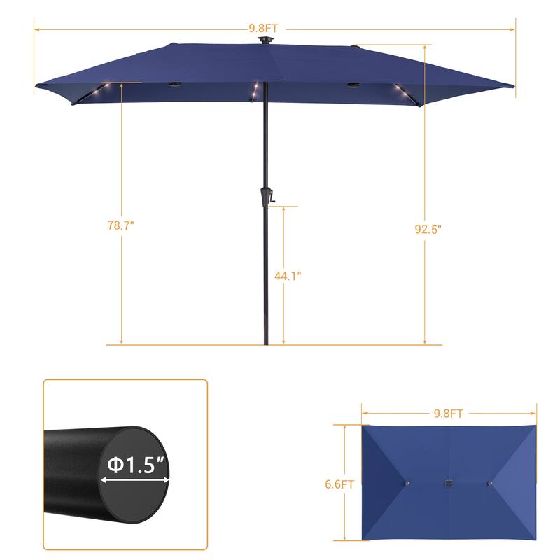 LIVOOSUM 10 x 6.5Ft Solar-powered Large Double-Sided Rectangular Outdoor Patio Market Umbrella with Crank, Gray