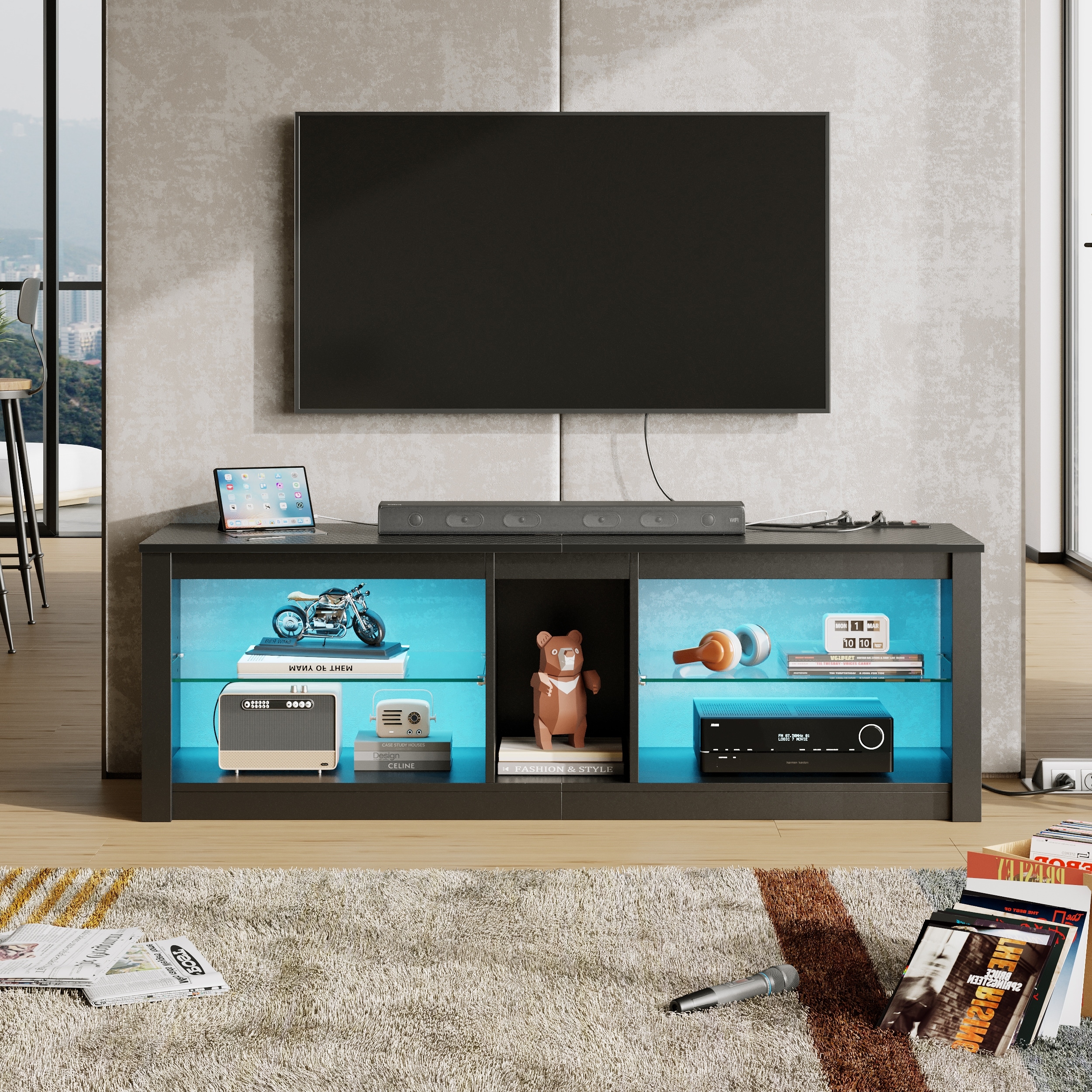  Bestier Entertainment Center, Gaming TV Stand for 70 inch TV,  LED TV Stand with Modern Glass Shelve, TV Media Console for Video Games,  Movies, Home Decor, Rustic Brown : Home 