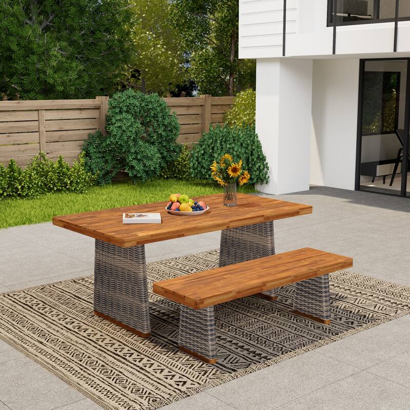 Outdoor Acacia Wood Dining Table Set with 1 Table and 1 Bench - Grey,Teak