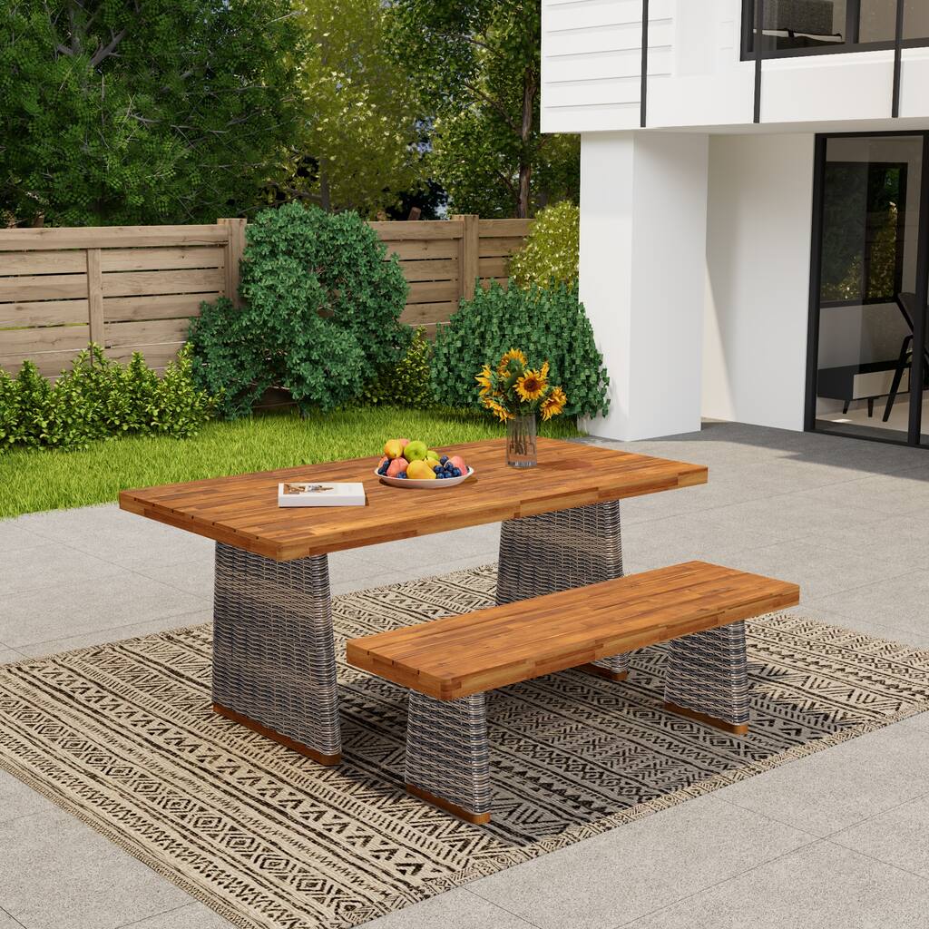 Outdoor Acacia Wood Dining Table Set with 1 Table and 1 Bench