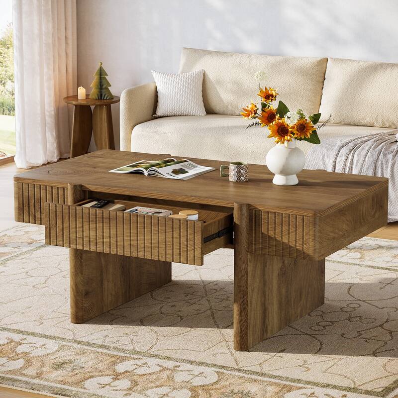 47" Wood Coffee Table with 2 Storage Drawers, Rectangular Living Room Table