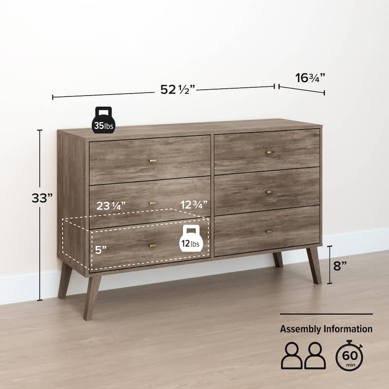 Prepac Milo Mid-Century Modern 6 Drawer Double Dresser for Bedroom, Chest of Drawers, Contemporary Bedroom Furniture