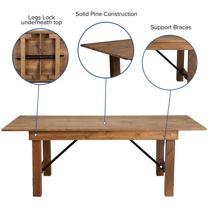 7' x 40" Rustic Folding Farm Table Set with 6 Cross Back Chairs and Cushions