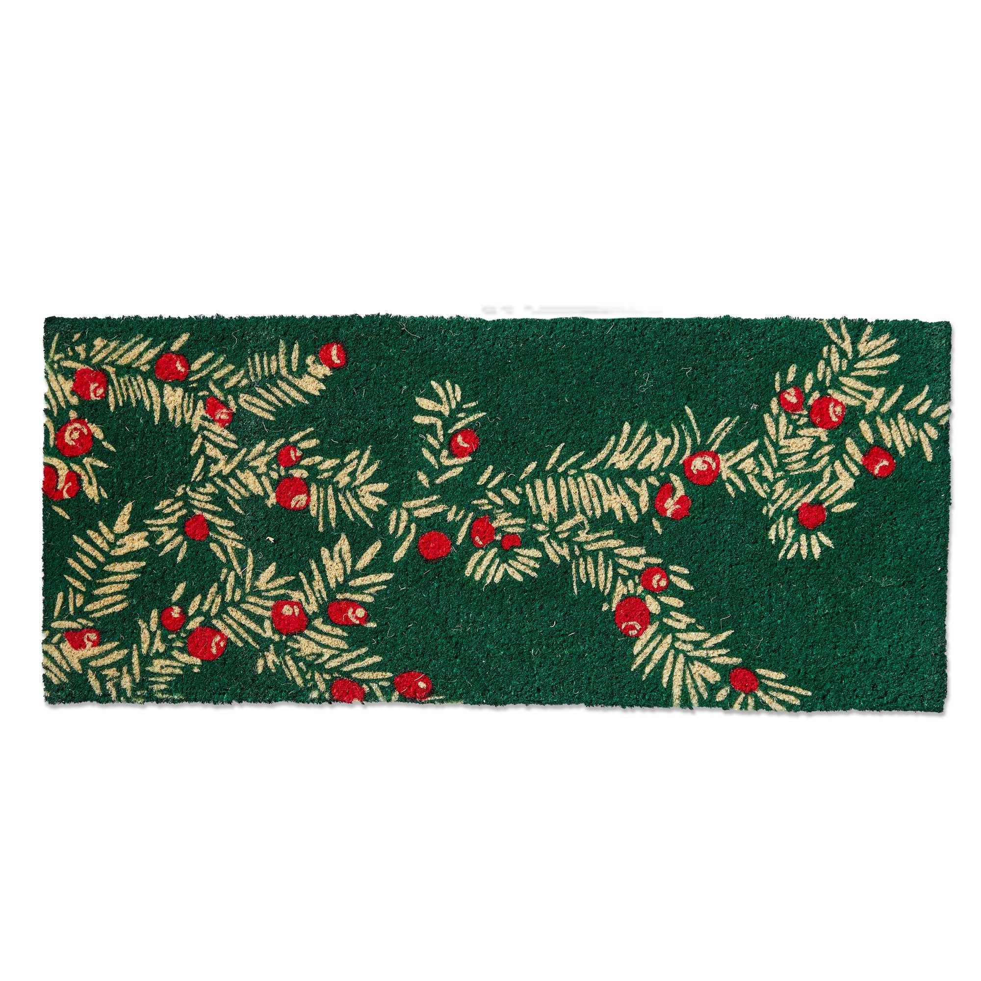 Winter Sprig Coir Door Mat - Natural Christmas Doormat, Green Multi, 40" L x 17" W, Easy to Clean