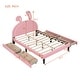 preview thumbnail 4 of 9, Full Upholstered Leather Platform Bed with Rabbit Ornament & 4 Drawers, Low to Ground Full Bed Frame with Slats Support, Pink