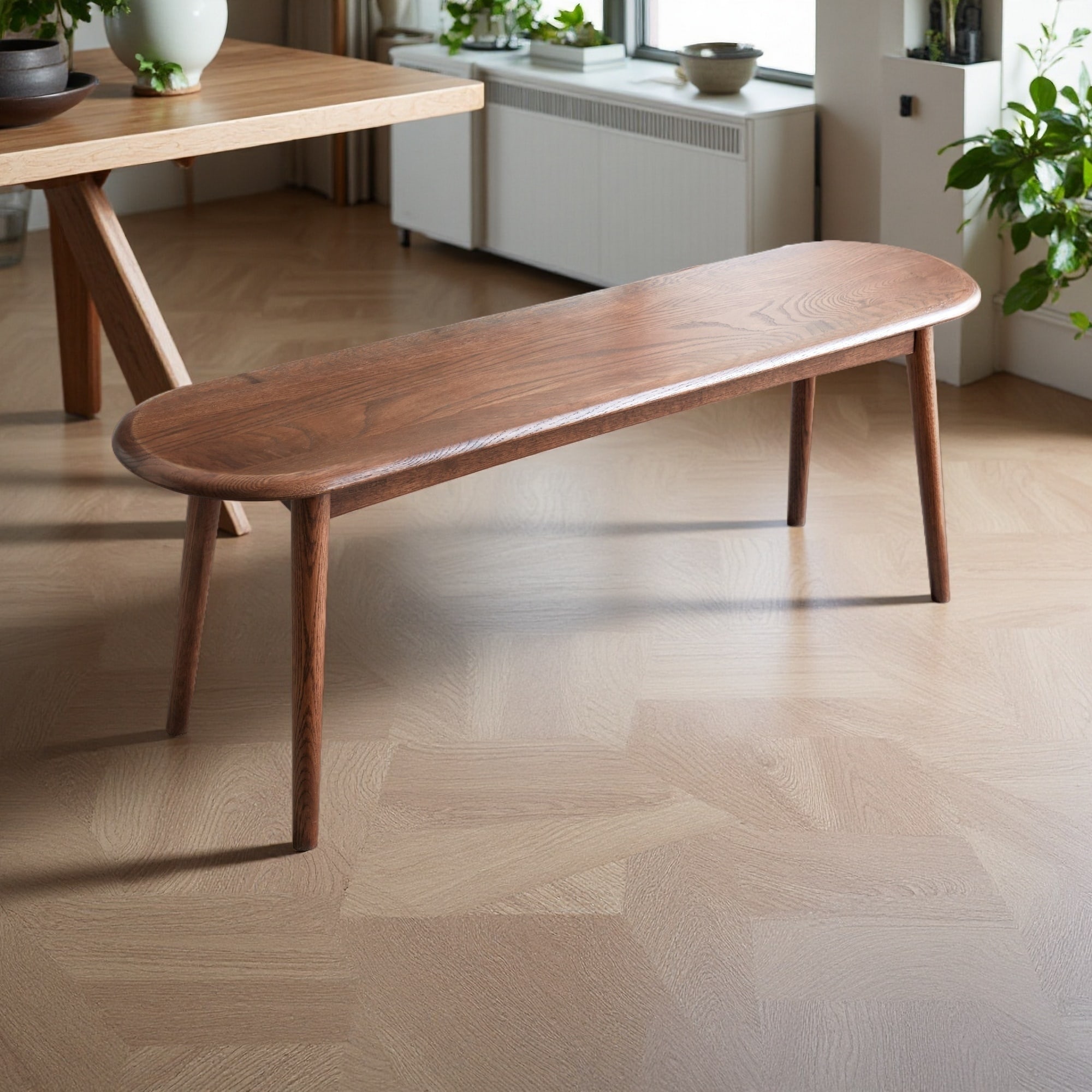 47.2"L Solid Oak Wood Bench, Half-Round, Metal Reinforced