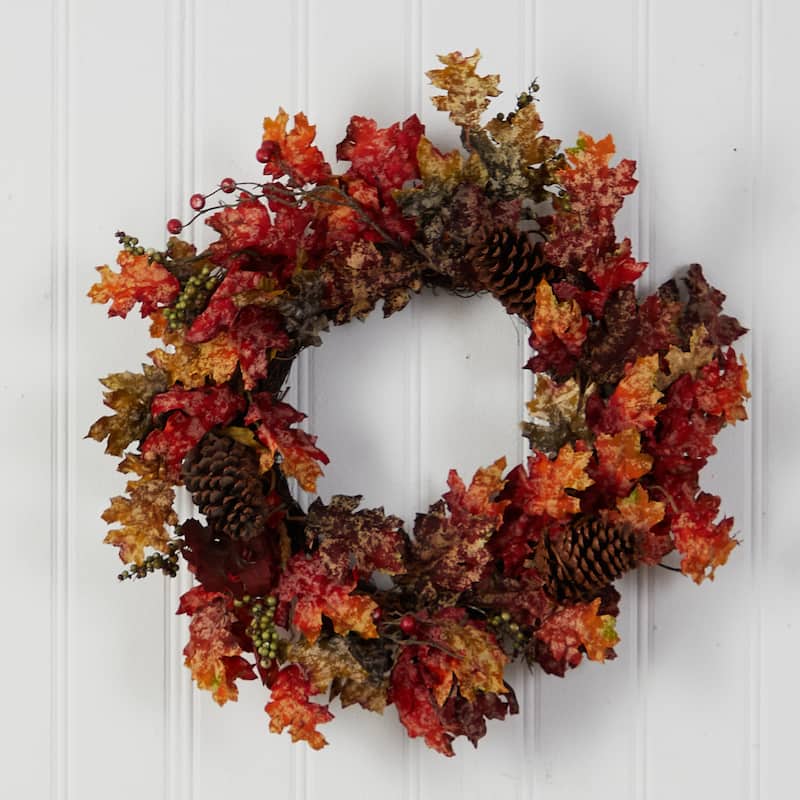 Maple Leaves with Berries and Pinecones Artificial Fall Harvest Wreath, 24-Inch, Unlit