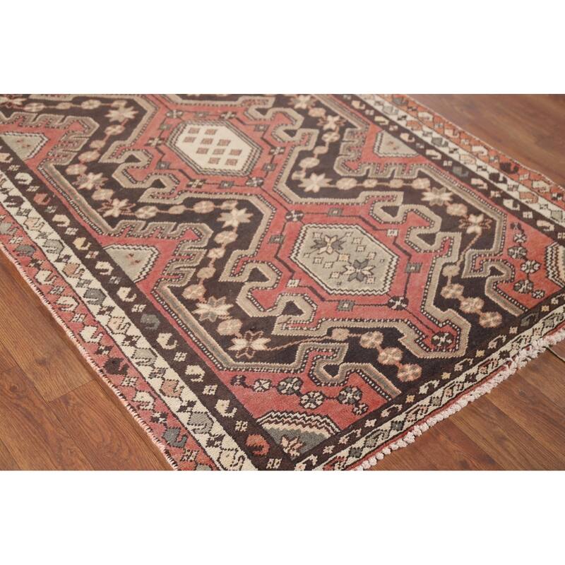 Geometric Orange Hamedan Vintage Runner Rug Handmade Wool Carpet - 3'6" x 10'1"
