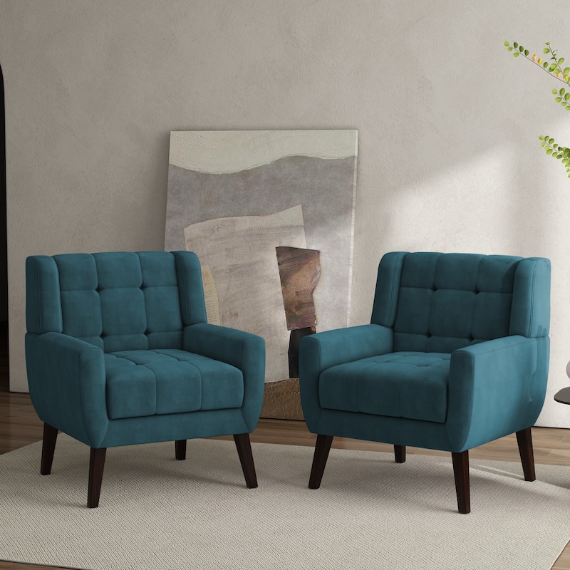 Tufted Wingback Accent Chairs Linen/Faux Leather/Velvet Armchairs Set of 2 - Velvet - Blue/Velvet