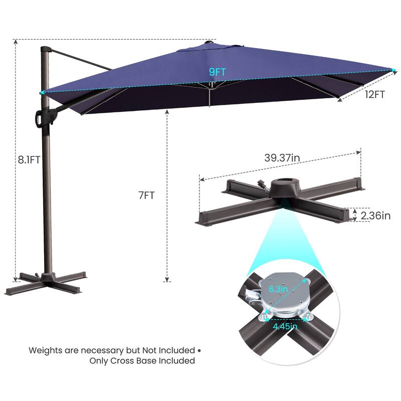9 x 12 ft Outdoor Shade Parasol Patio Cantilever Offset Umbrella, No Base
