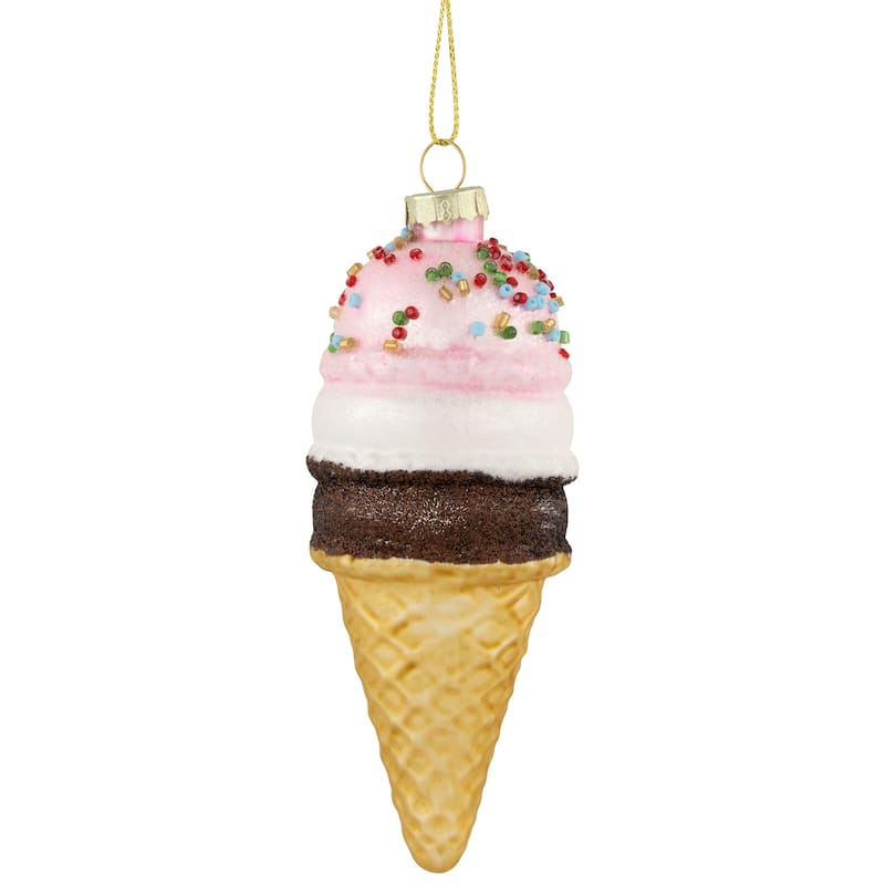 5" Ice Cream Cone Glittered Glass Christmas Hanging Ornament
