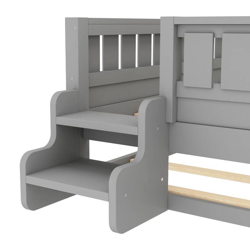 Full/Twin Loft Bed with Bookshelves, Safety Stairs & Trundle